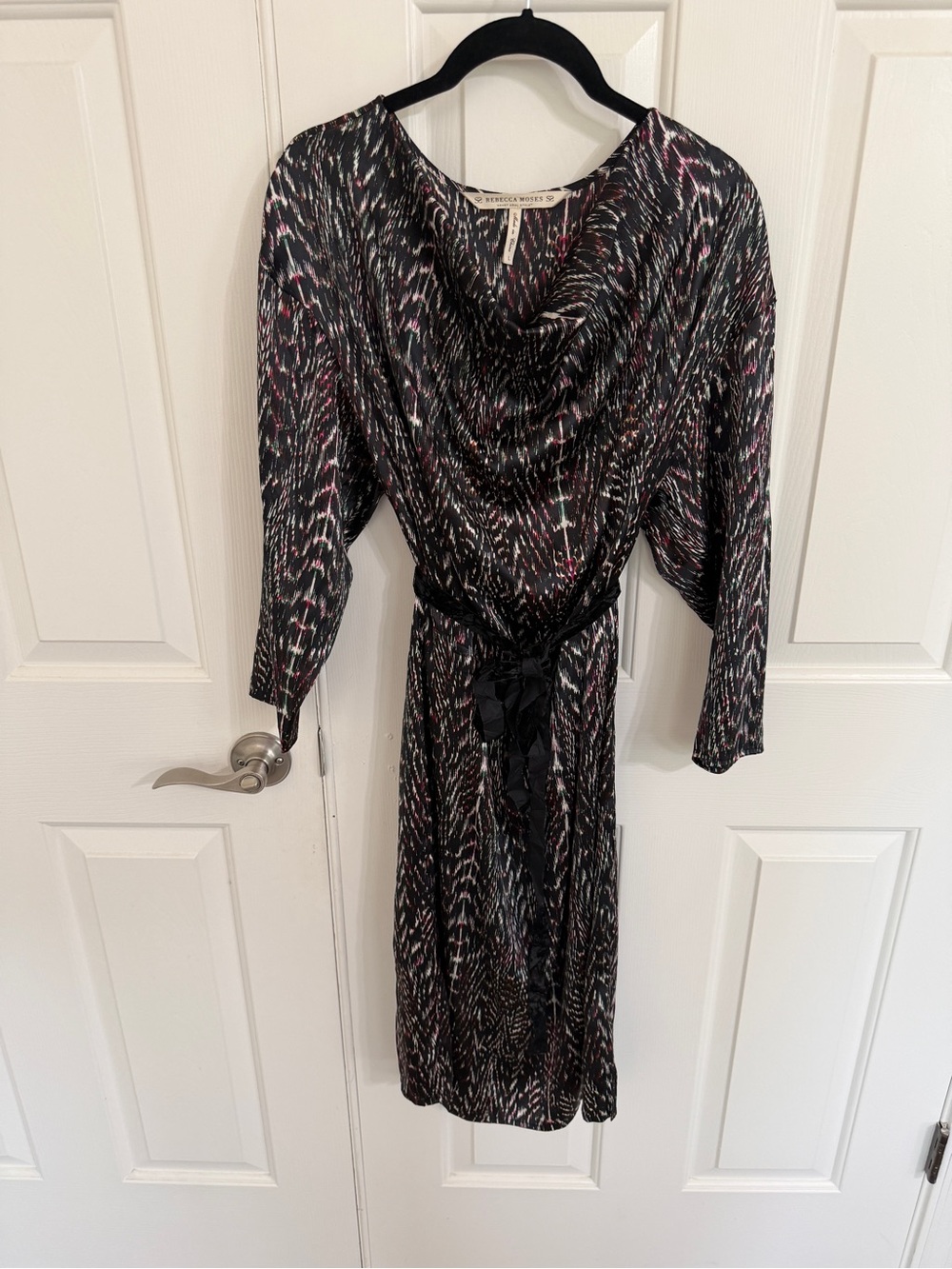 Rebecca Moses L 92% Silk Cowl Neck Belted Midi Dress Abstract Print